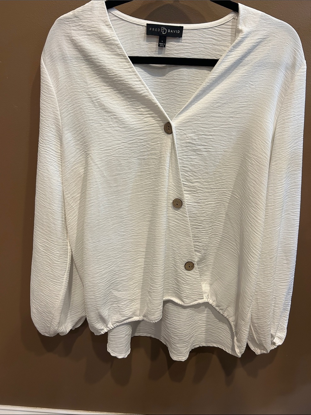 Fred David Cream Button-Front Crinkle V-Neck Blouse